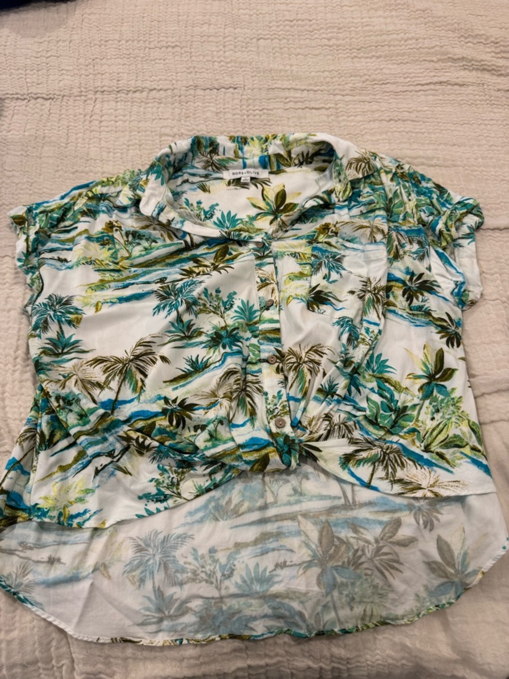 Rose & Olive White Tropical Button-Down Top with Teal & Olive Print